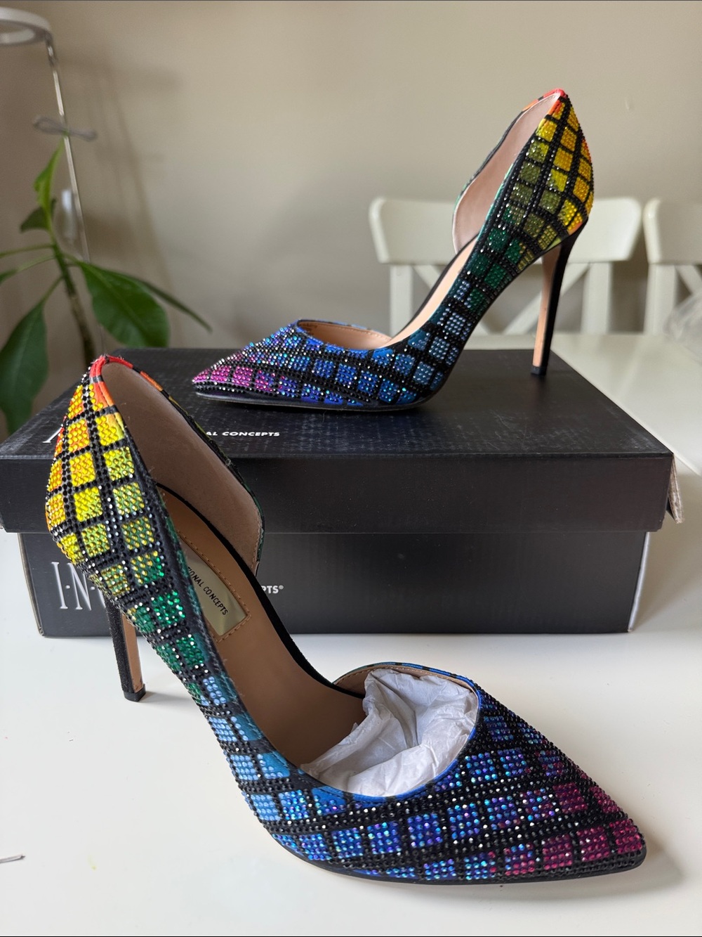 INC International Concepts Multicolor Crystal Grid Pointed-Toe Stiletto Heels